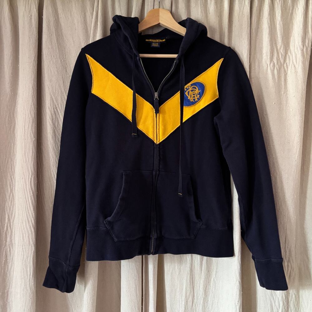 Rugby Ralph Lauren Navy Yellow Chevron Zip Hoodie Size L Vintage 2004